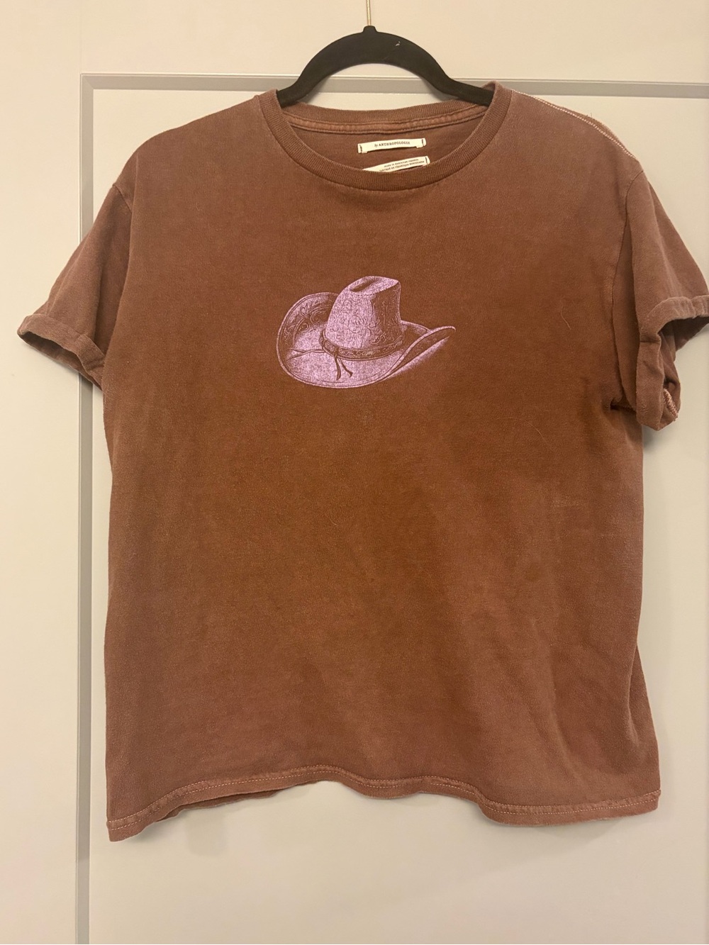 Anthropologie Kids Short Sleeve Tee in Brown with Pink Cowboy Hat